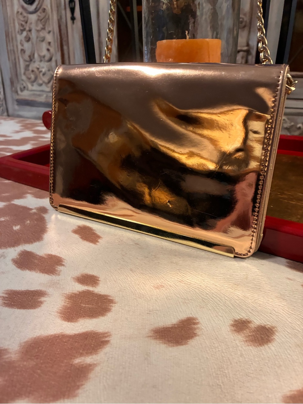 Massimo Rose/Gold Metallic Clutch Purse with Chain Strap